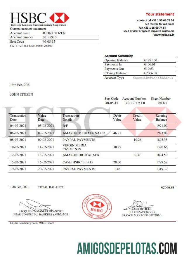Modelo de extrato bancário HSBC da França para download em formato .doc e .pdf